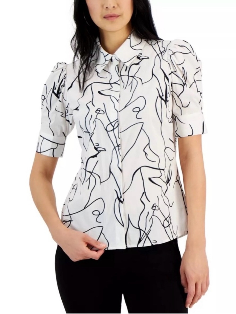 Elie Tahari Cotton Abstract Puff Sleeve Button Down Shirt